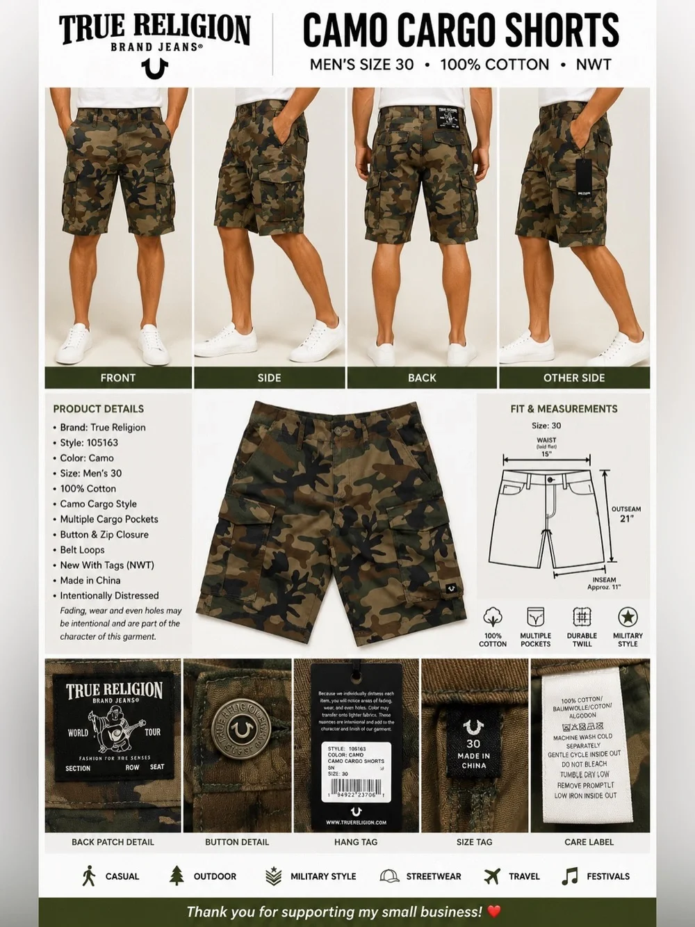 True Religion Camo Cargo Shorts Men’s Size 30 NWT Military Utility Cotton